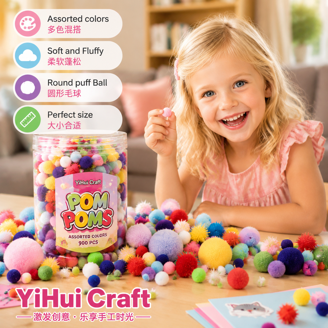 900 PCS Pom Poms, Multicolor Bulk Pom Poms Arts and Crafts, Soft and Fluffy Craft Pom Poms, Assorted Sizes Pompoms, for Arts and Craft Making Decorations