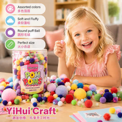 900 PCS Pom Poms, Multicolor Bulk Pom Poms Arts and Crafts, Soft and Fluffy Craft Pom Poms, Assorted Sizes Pompoms, for Arts and Craft Making Decorations